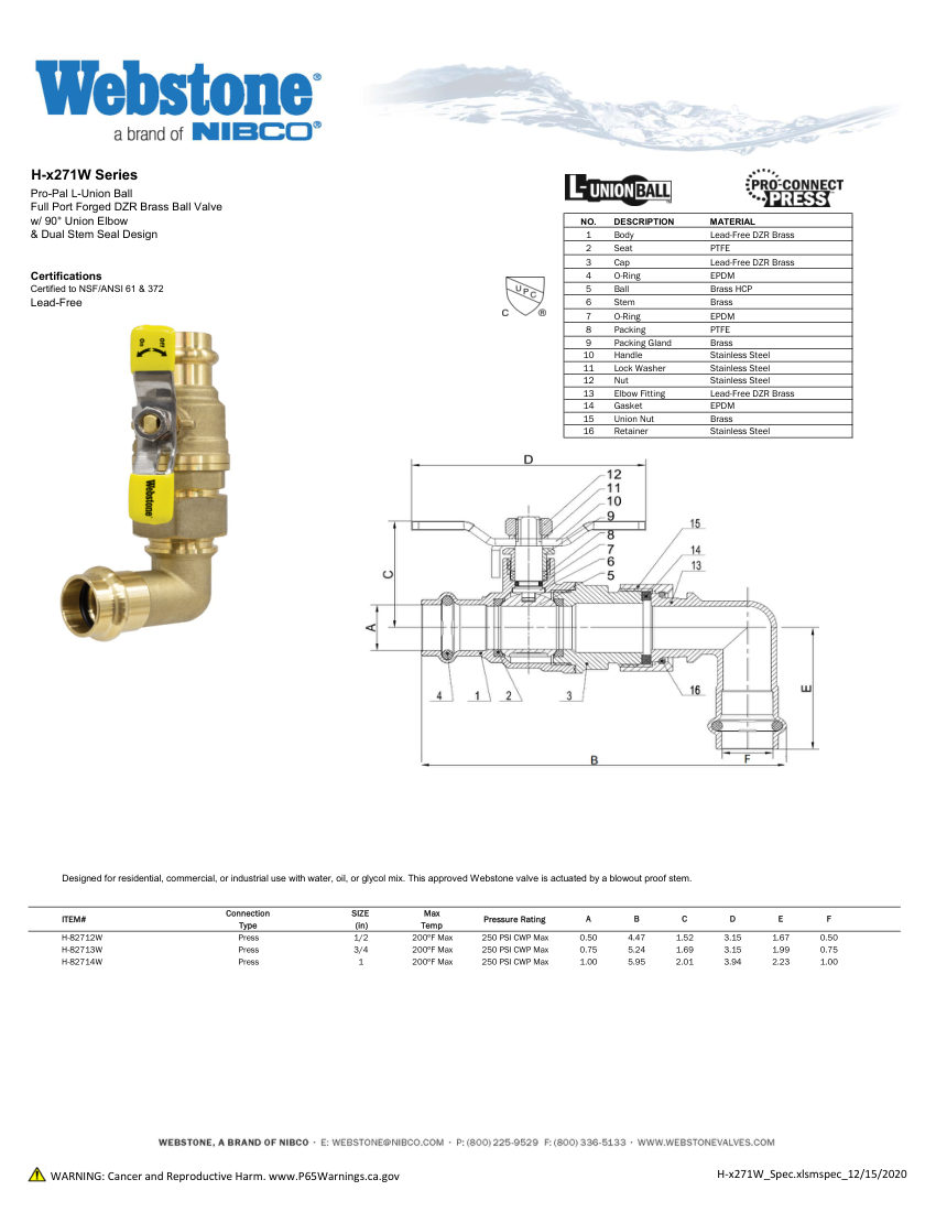 NIBCO H-x271_ZSpec cut sheet — first page