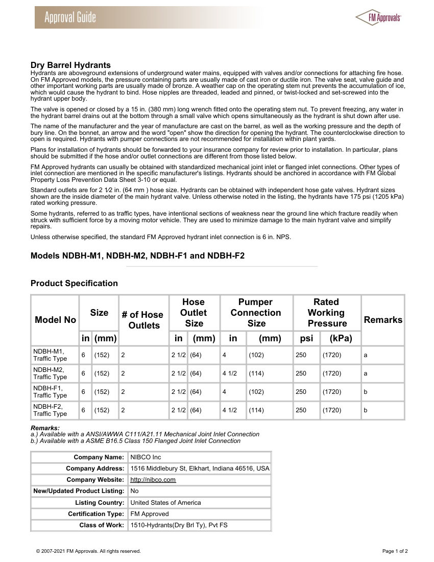 NIBCO NDBH-M1 cut sheet — first page