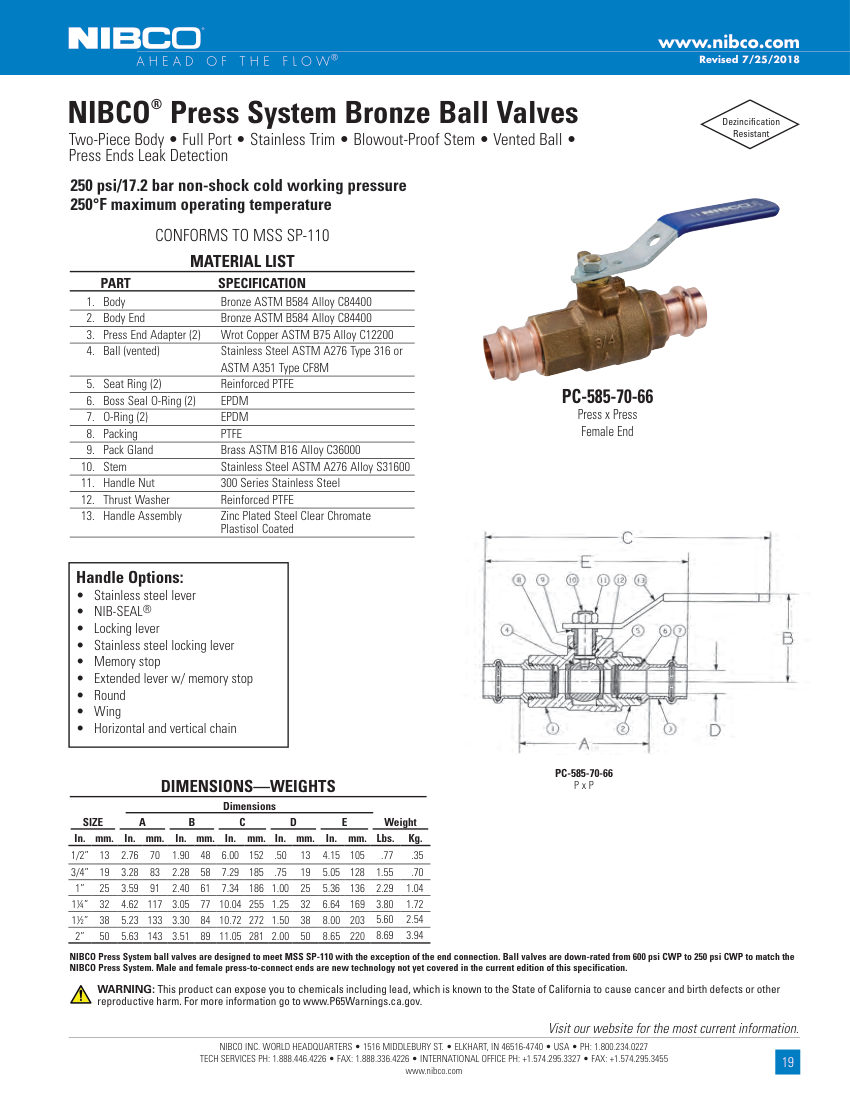 NIBCO PC-585-70-66 cut sheet — first page