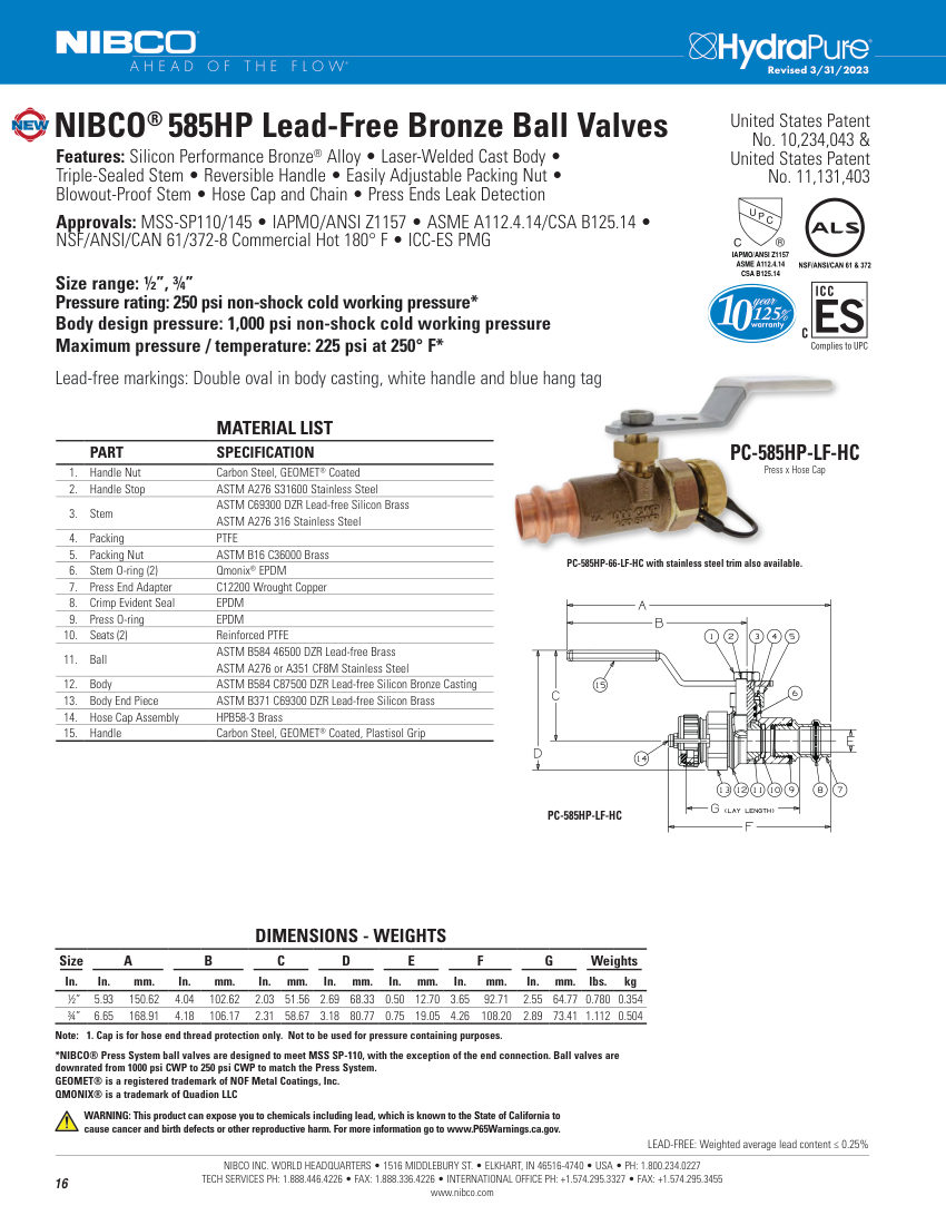 NIBCO PC-585HP-LF-HC cut sheet — first page