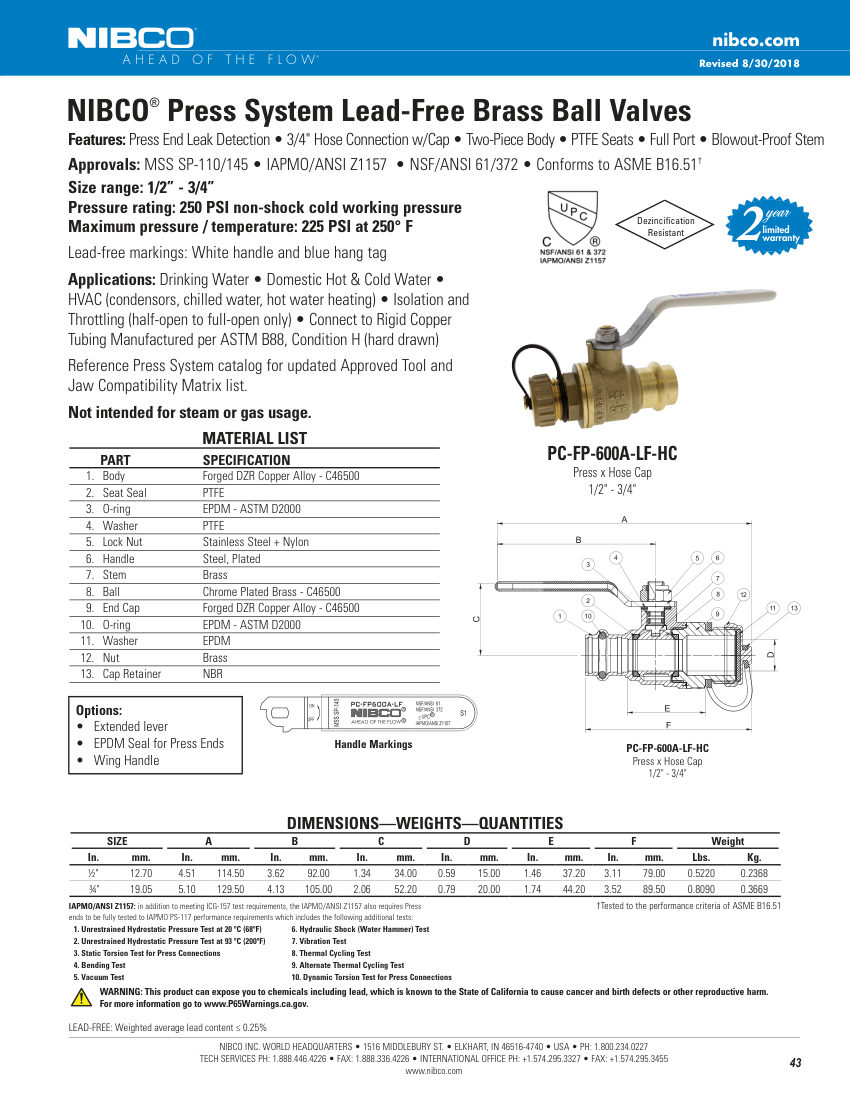 NIBCO PC-FP-600A-LF-HC cut sheet — first page