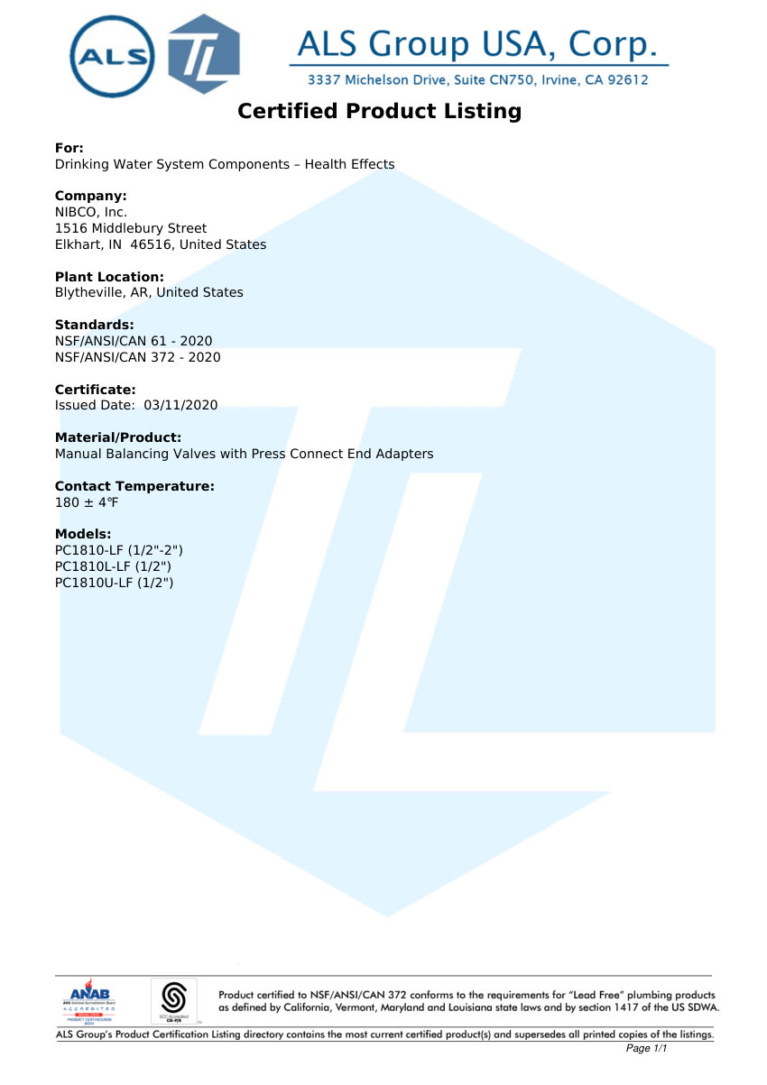 NIBCO PC1810-LF cut sheet — first page