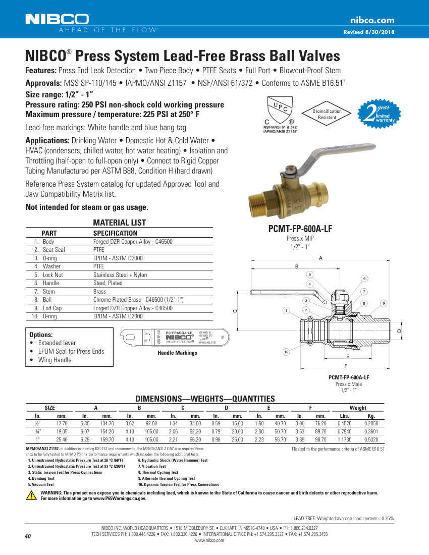 NIBCO PCMT-FP-600A-LF cut sheet — first page