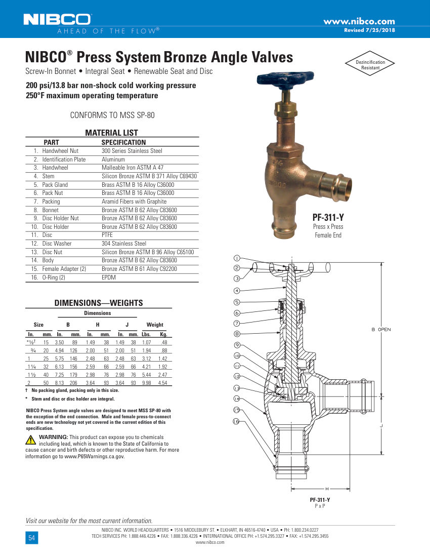 NIBCO PF-311-Y cut sheet — first page