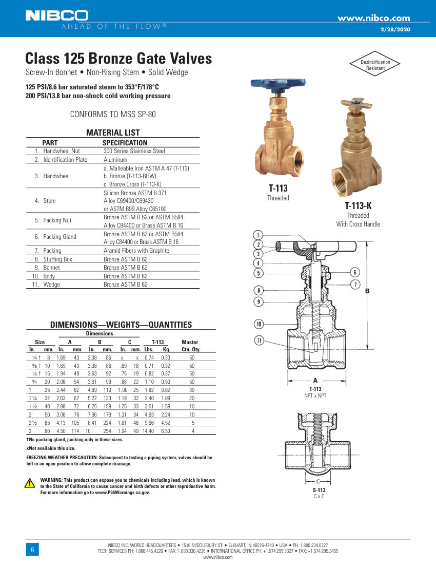 NIBCO T-113 cut sheet — first page