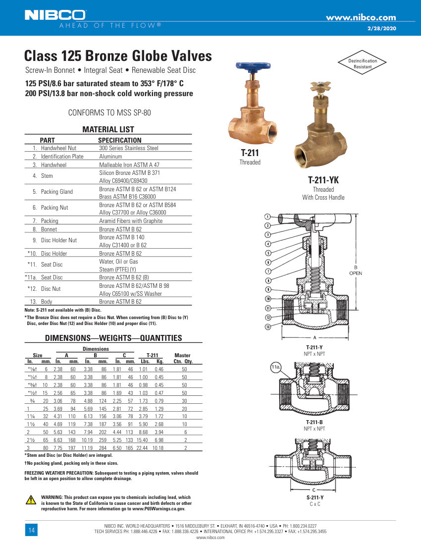 NIBCO T-211-YK cut sheet — first page