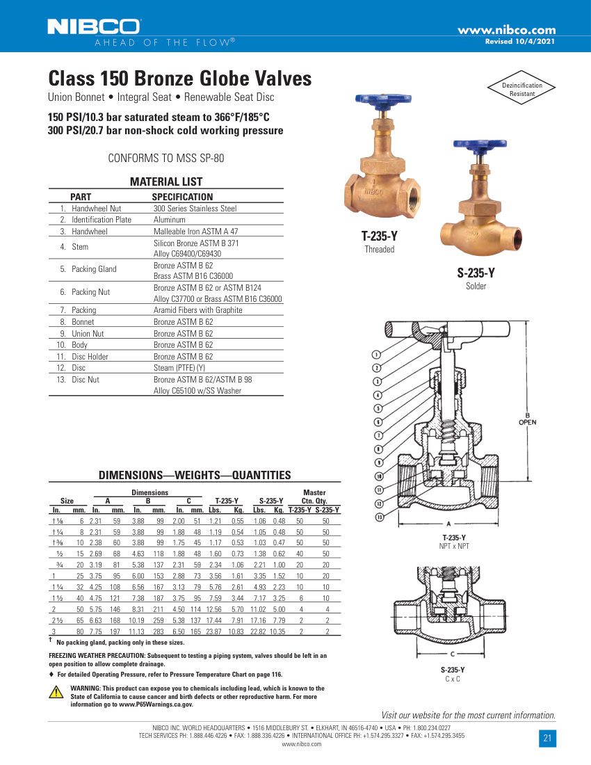 NIBCO T-235-Y cut sheet — first page