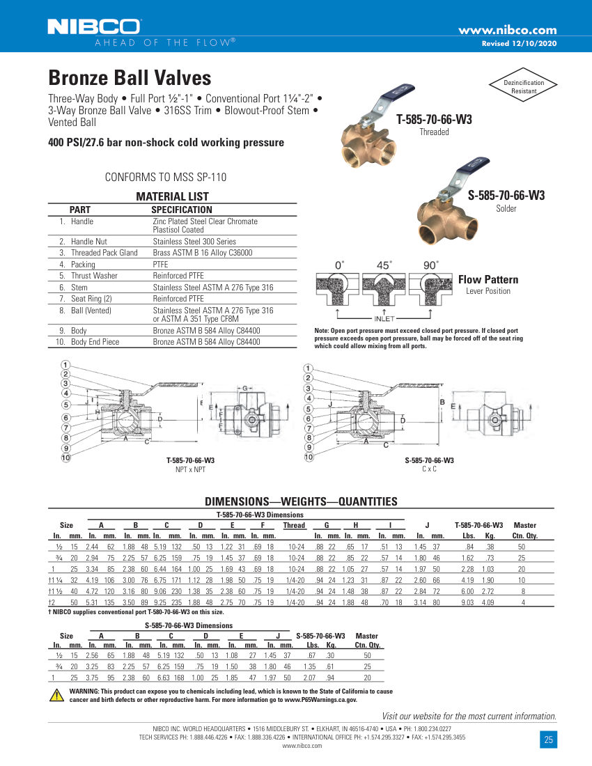 NIBCO T-585-70-66-W3 cut sheet — first page