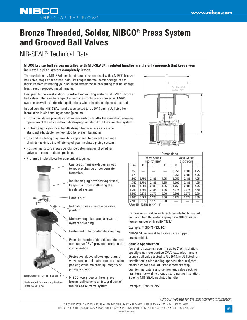 NIBCO T-585-70-NS cut sheet — first page