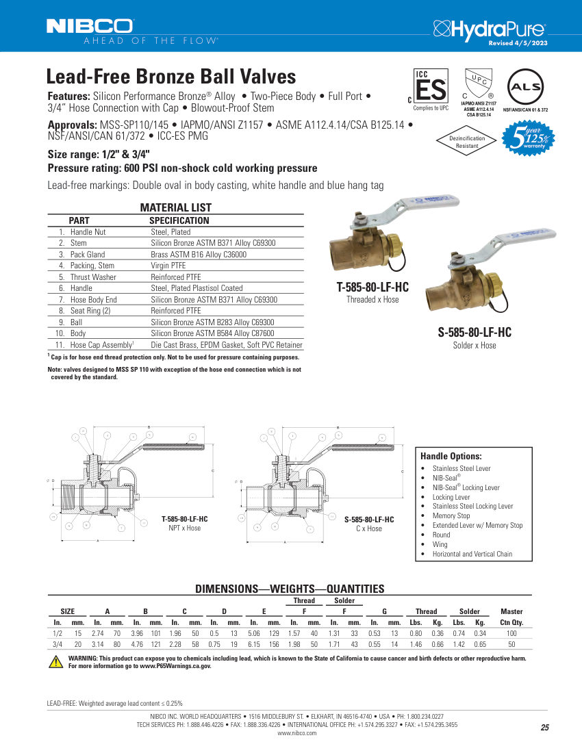 NIBCO T-585-80-LF-HC cut sheet — first page