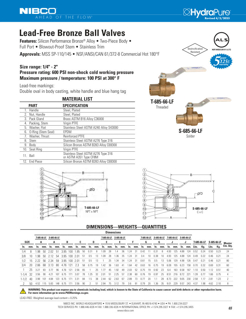 NIBCO T-685-66-LF cut sheet — first page
