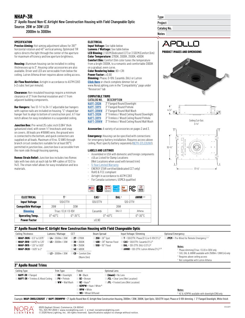 Nora Lighting NAPO-3D40 cut sheet — first page