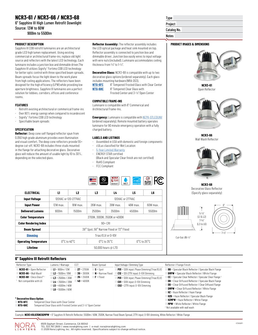Nora Lighting NCR3-68 cut sheet — first page