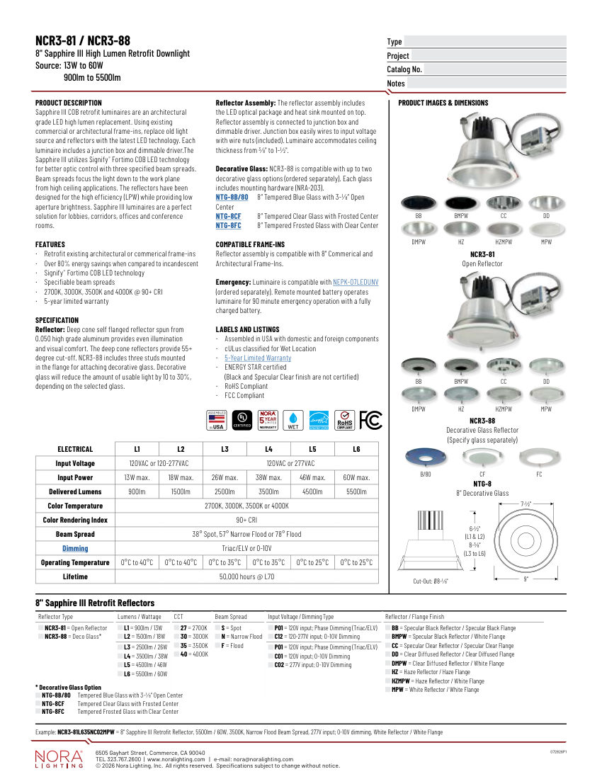 Nora Lighting NCR3-88 cut sheet — first page