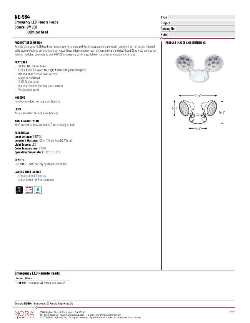 Nora Lighting NE-984 cut sheet — first page