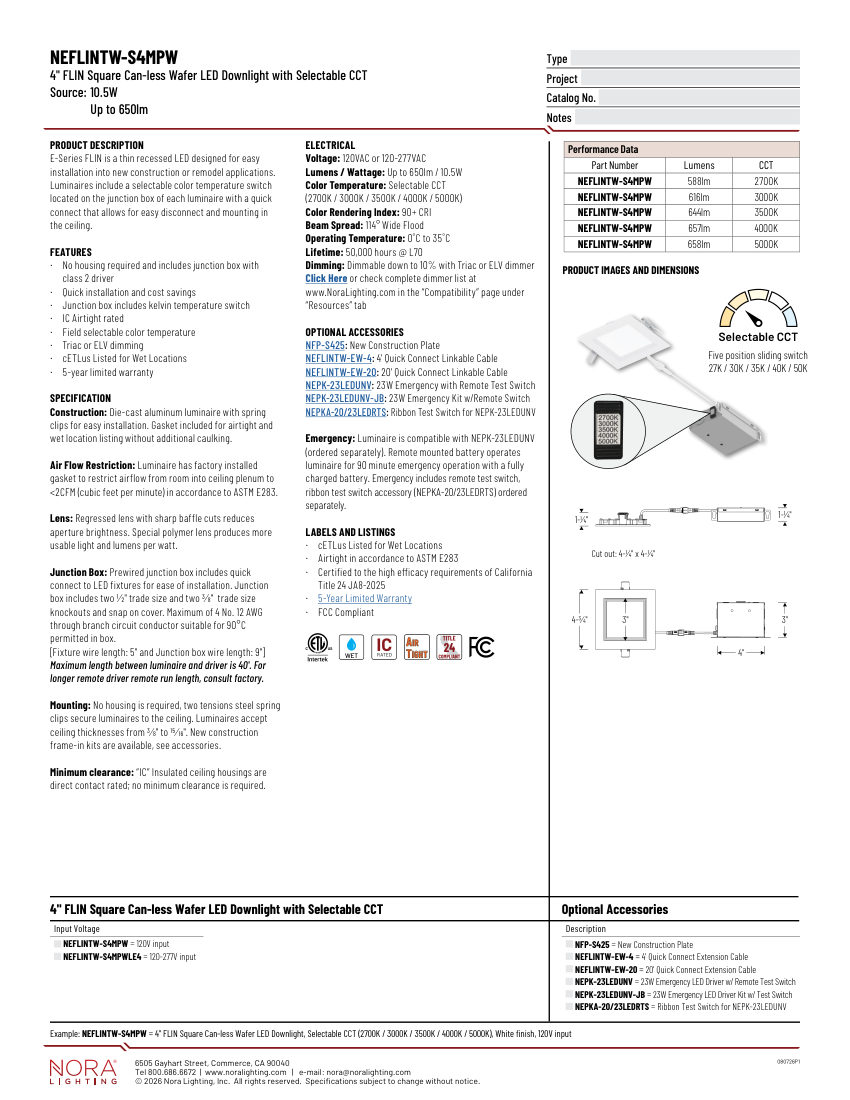 Nora Lighting NEFLINTW-S4MPW cut sheet — first page