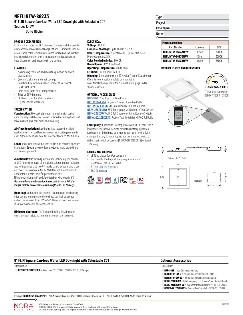 Nora Lighting NEFLINTW-S6233 cut sheet — first page