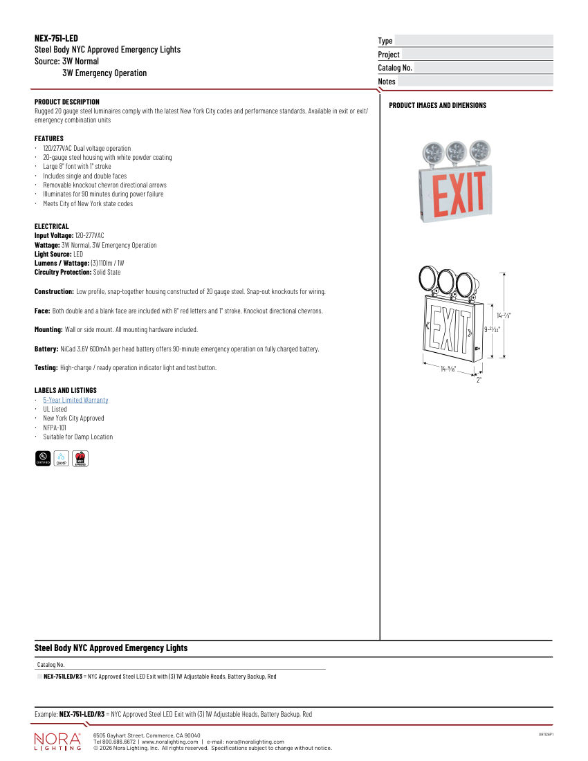 Nora Lighting NEX-751-LED cut sheet — first page