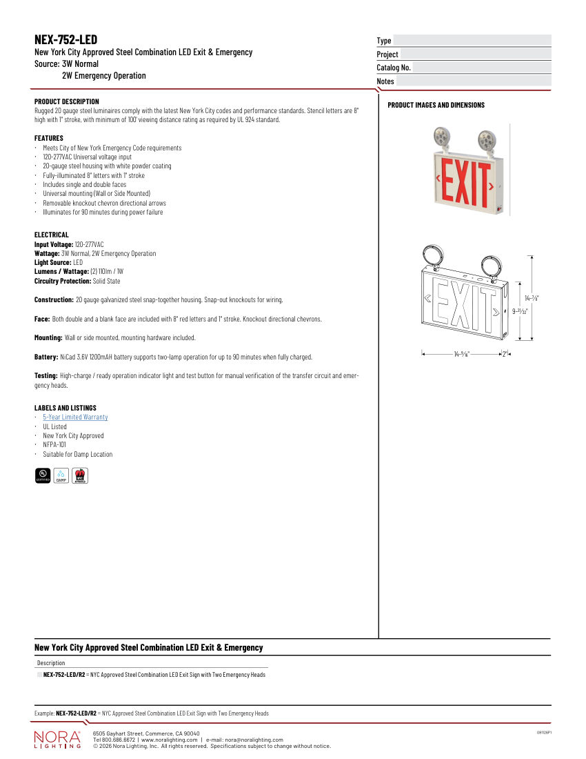 Nora Lighting NEX-752-LED cut sheet — first page