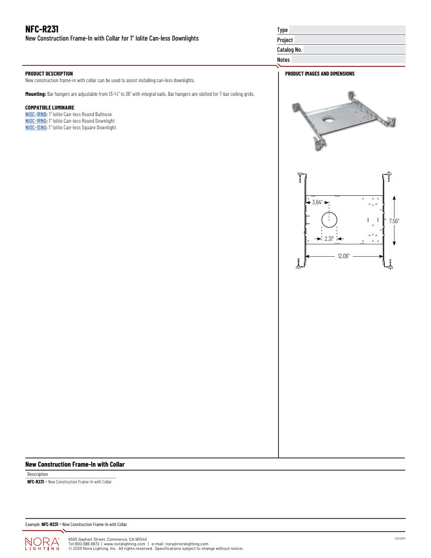 Nora Lighting NFC-R231 cut sheet — first page
