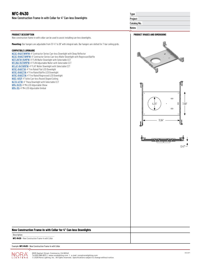 Nora Lighting NFC-R430 cut sheet — first page
