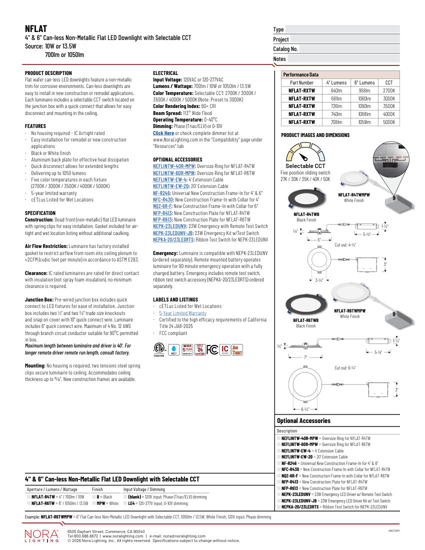Nora Lighting NFLAT-R6TW cut sheet — first page