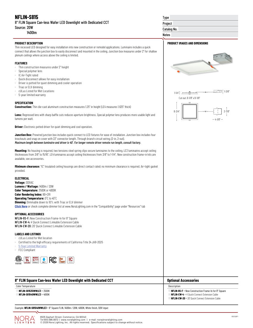 Nora Lighting NFLIN-8S-F cut sheet — first page