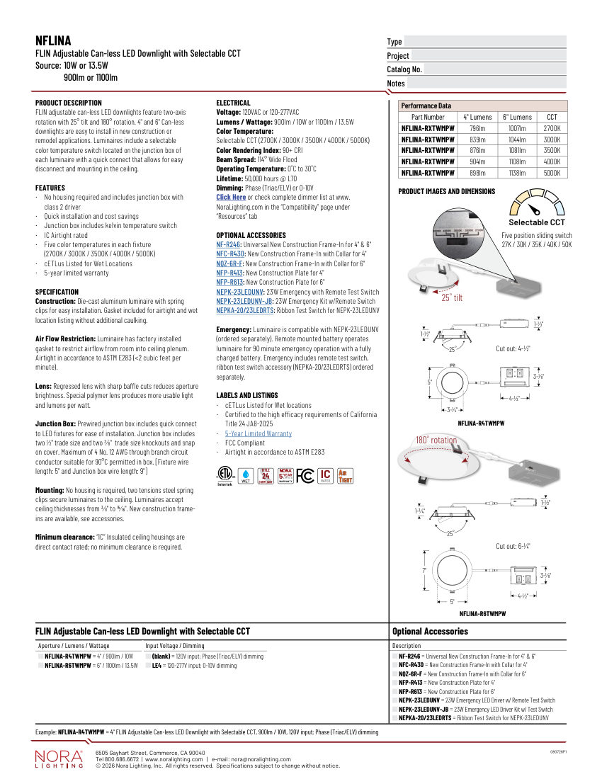 Nora Lighting NFLINA-R4TW cut sheet — first page