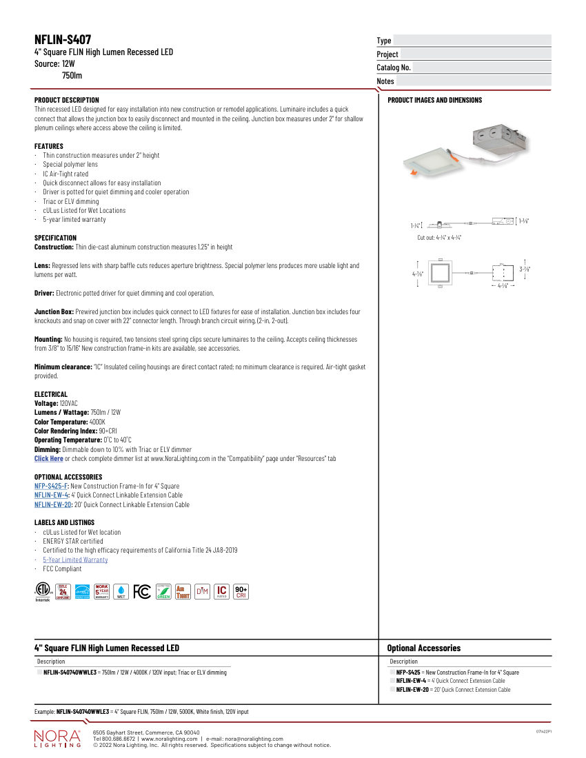 Nora Lighting NFP-S425 cut sheet — first page