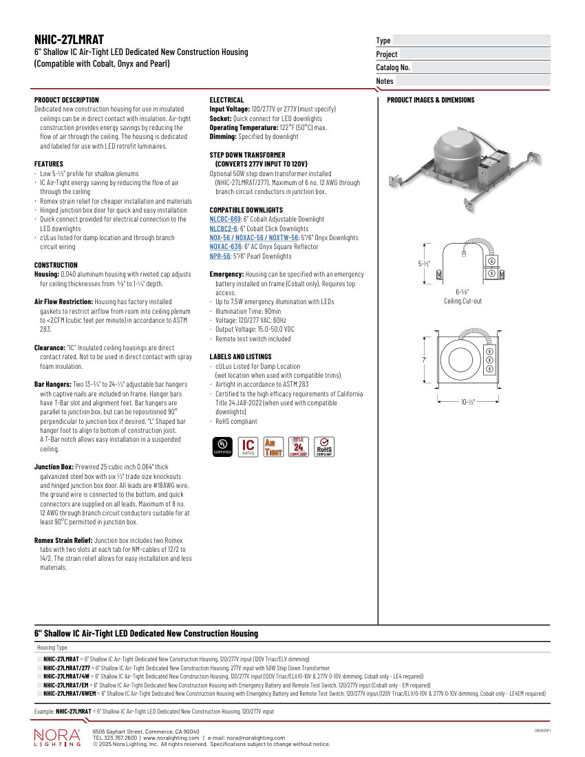 Nora Lighting NHIC-27LMRAT cut sheet — first page