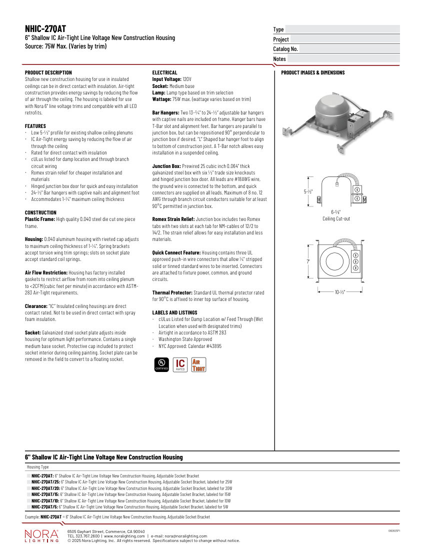 Nora Lighting NHIC-27QAT cut sheet — first page