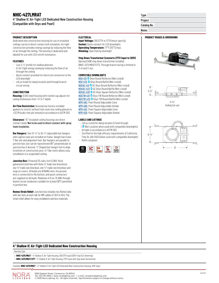 Nora Lighting NHIC-427LMRAT cut sheet — first page