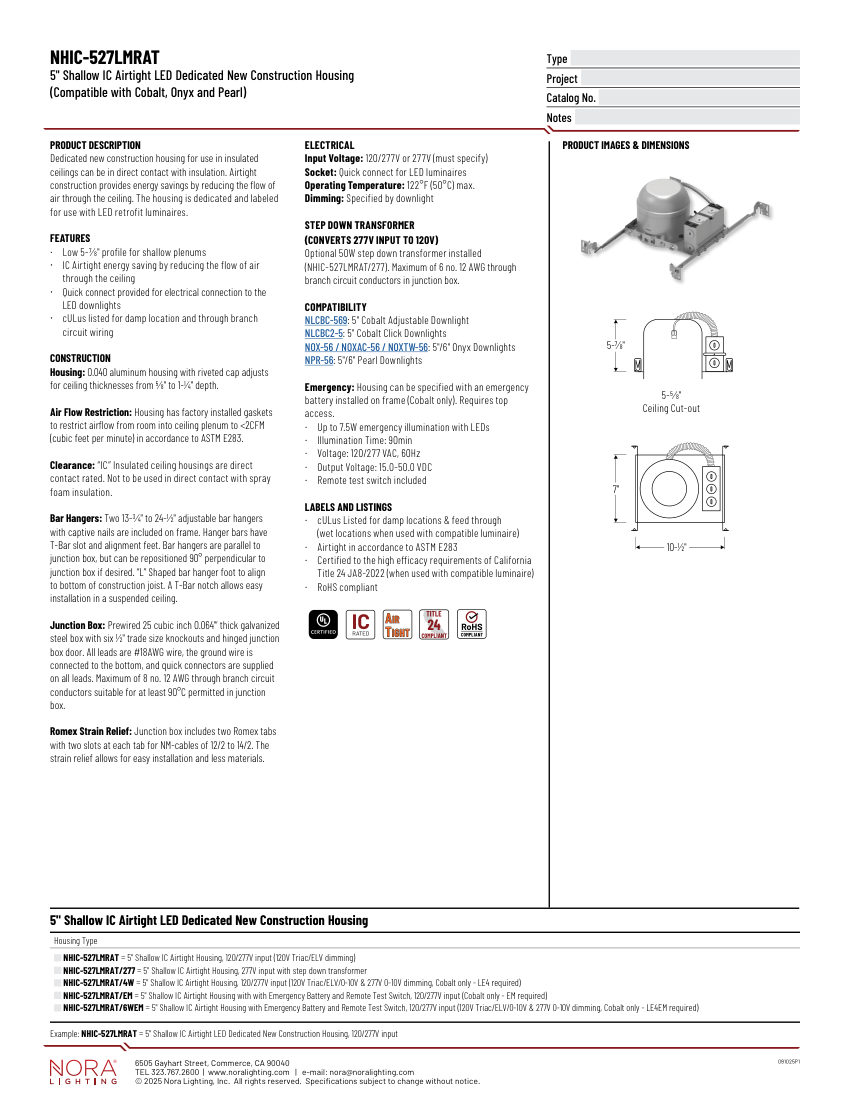 Nora Lighting NHIC-527LMRAT cut sheet — first page