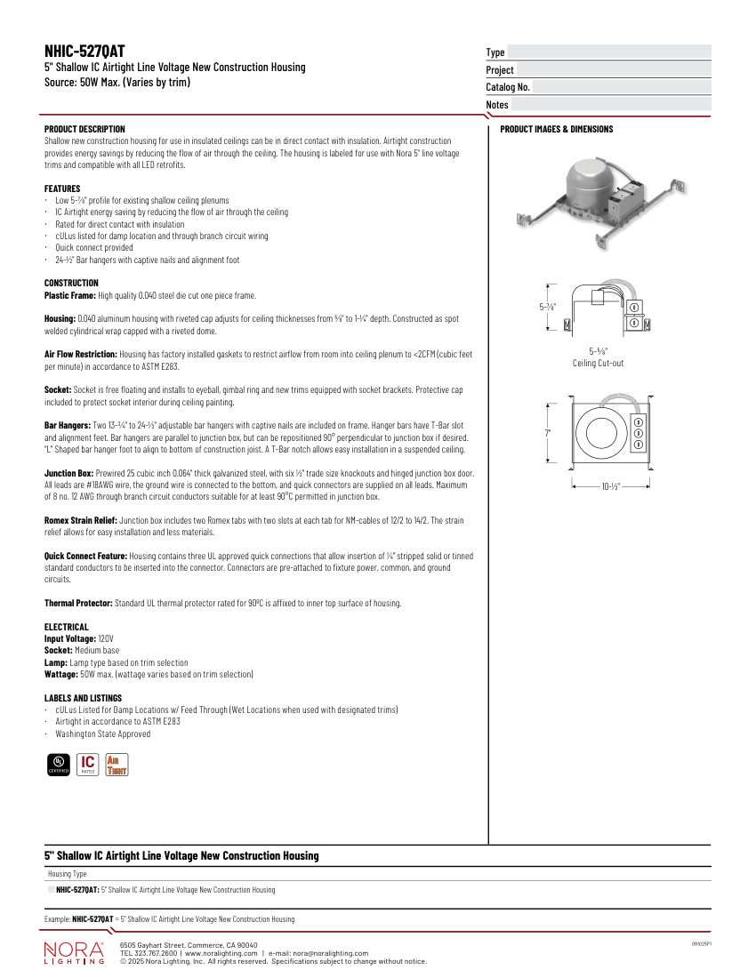 Nora Lighting NHIC-527QAT cut sheet — first page