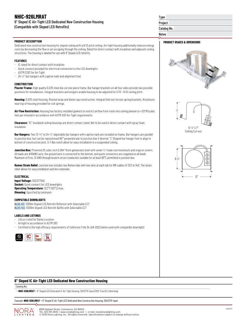 Nora Lighting NHIC-926LMRAT cut sheet — first page