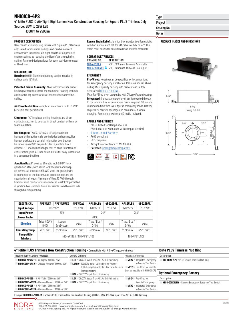 Nora Lighting NHIOICD-4PS15 cut sheet — first page