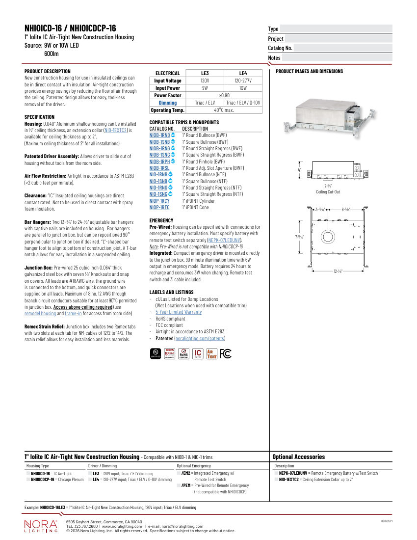 Nora Lighting NHIOICDCP-16 cut sheet — first page