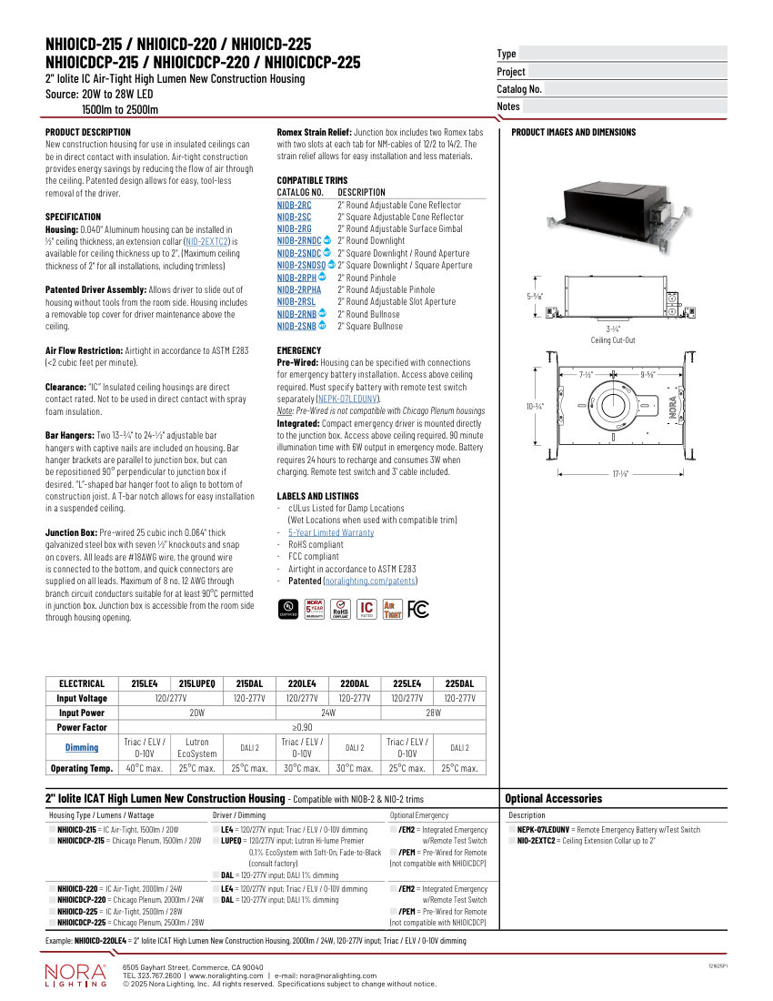 Nora Lighting NHIOICDCP-225 cut sheet — first page