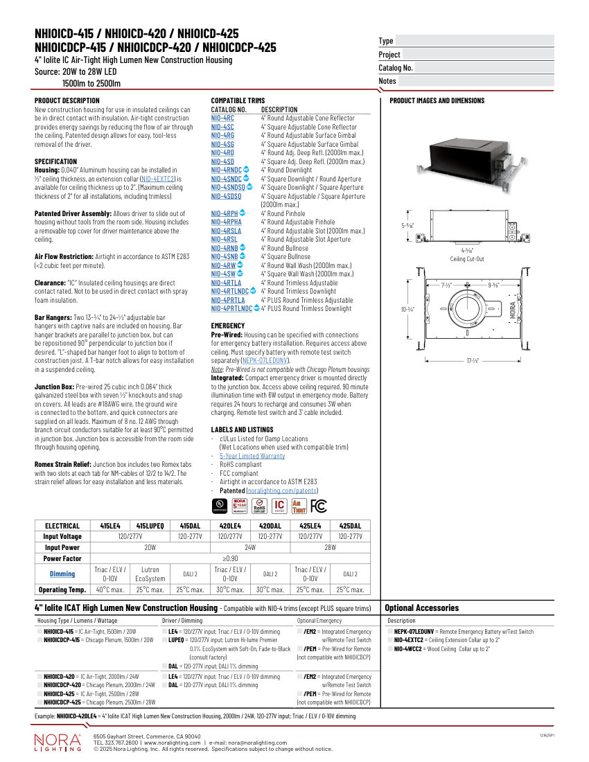 Nora Lighting NHIOICDCP-425 cut sheet — first page