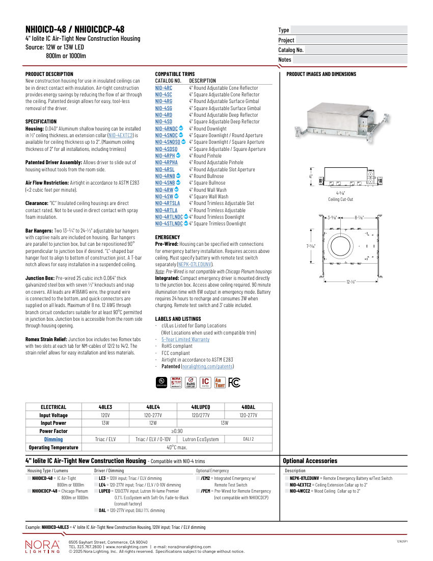 Nora Lighting NHIOICDCP-48 cut sheet — first page