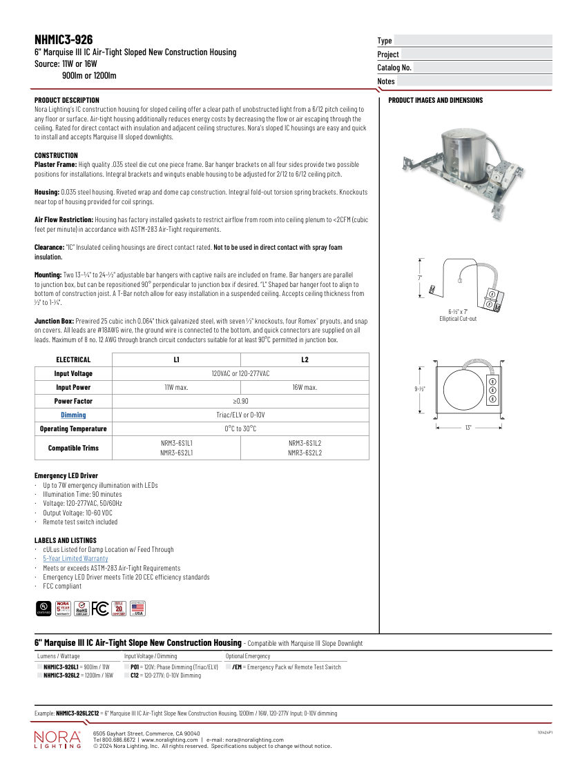 Nora Lighting NHMIC3-926 cut sheet — first page