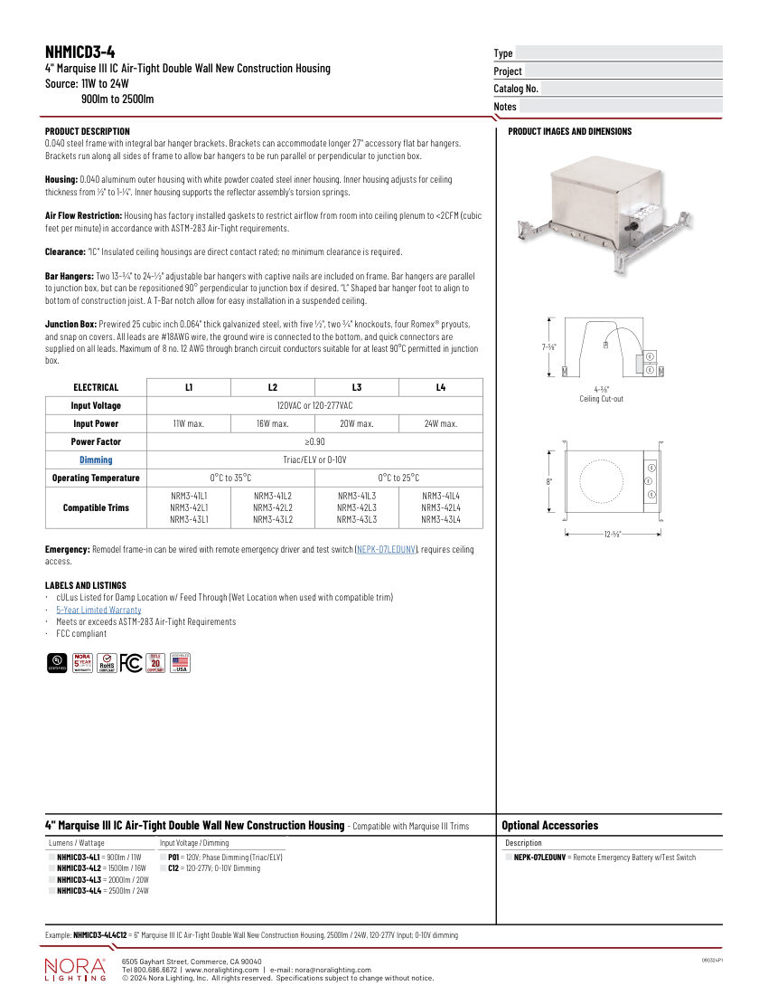 Nora Lighting NHMICD3-4 cut sheet — first page