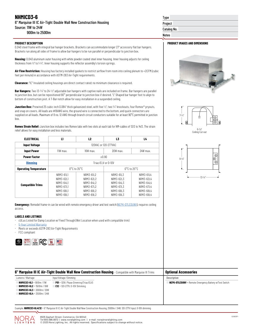 Nora Lighting NHMICD3-6 cut sheet — first page