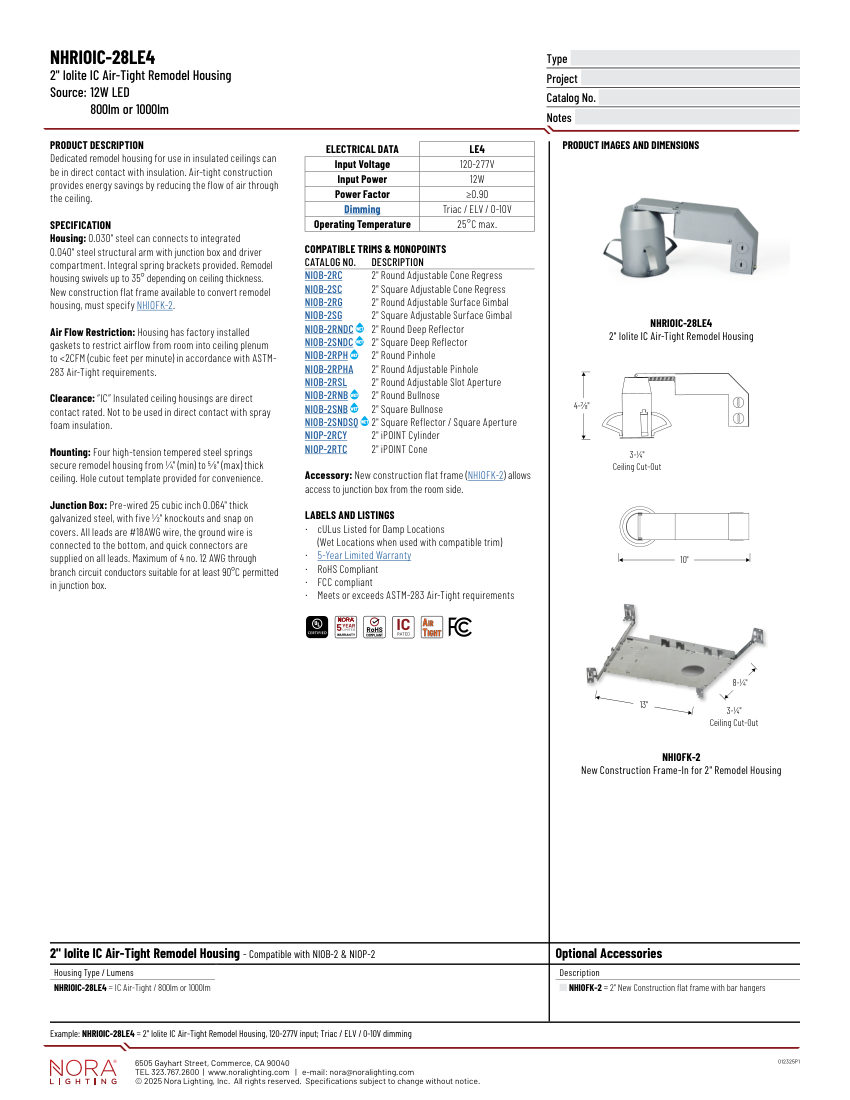 Nora Lighting NHRIOIC-28 cut sheet — first page