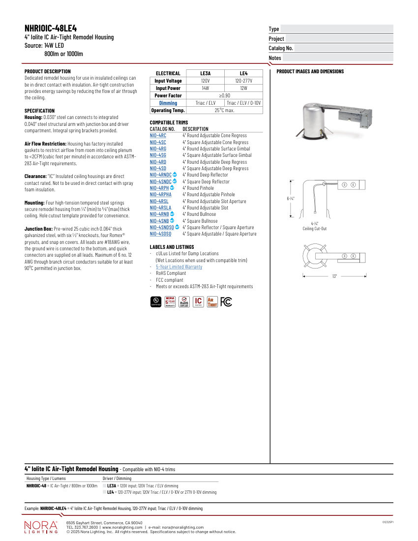 Nora Lighting NHRIOIC-48 cut sheet — first page