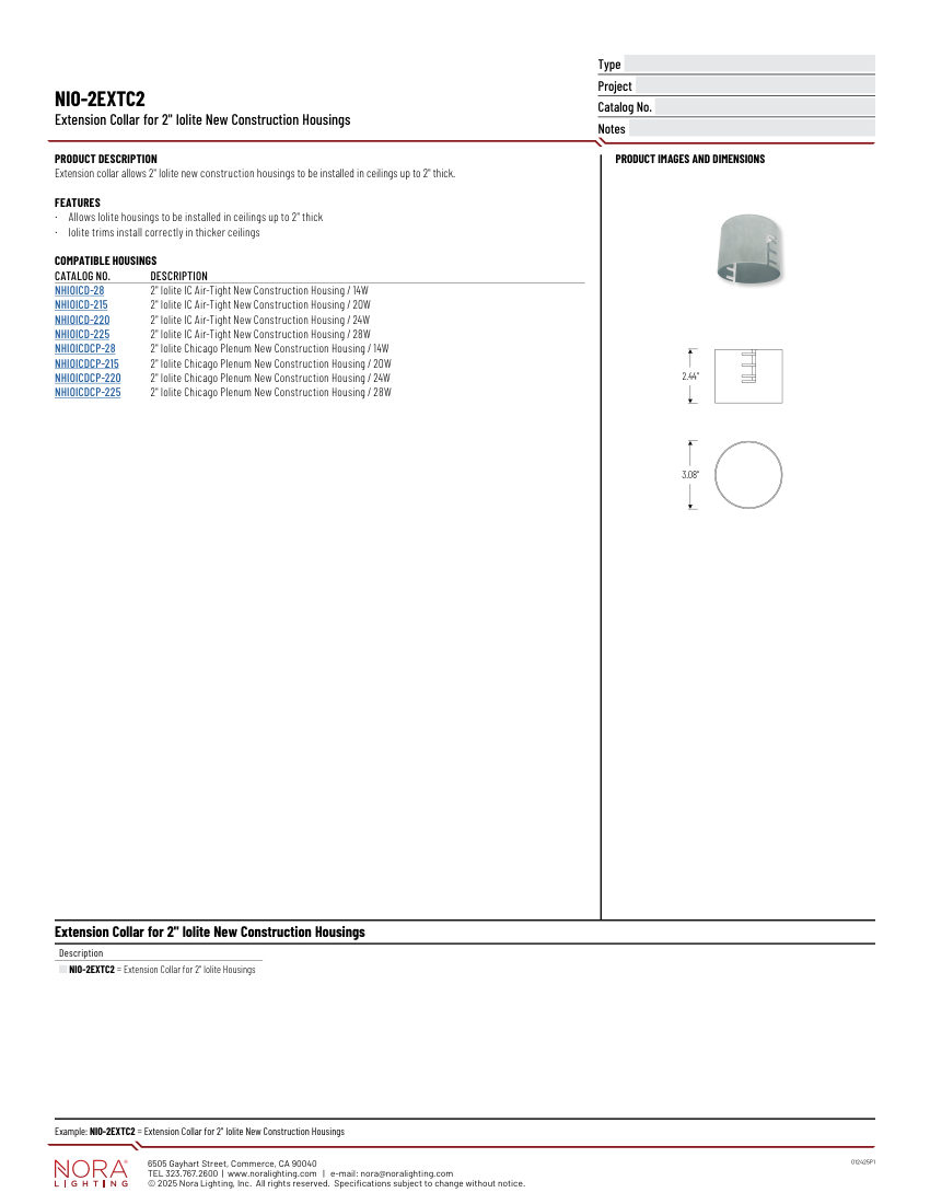 Nora Lighting NIO-2EXTC2 cut sheet — first page