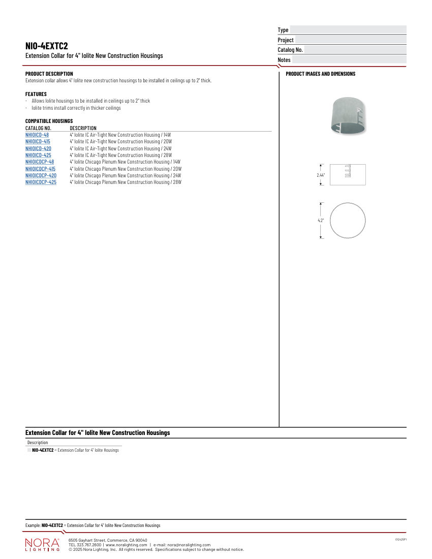 Nora Lighting NIO-4EXTC2 cut sheet — first page