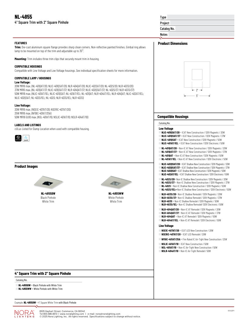 Nora Lighting NL-4855 cut sheet — first page