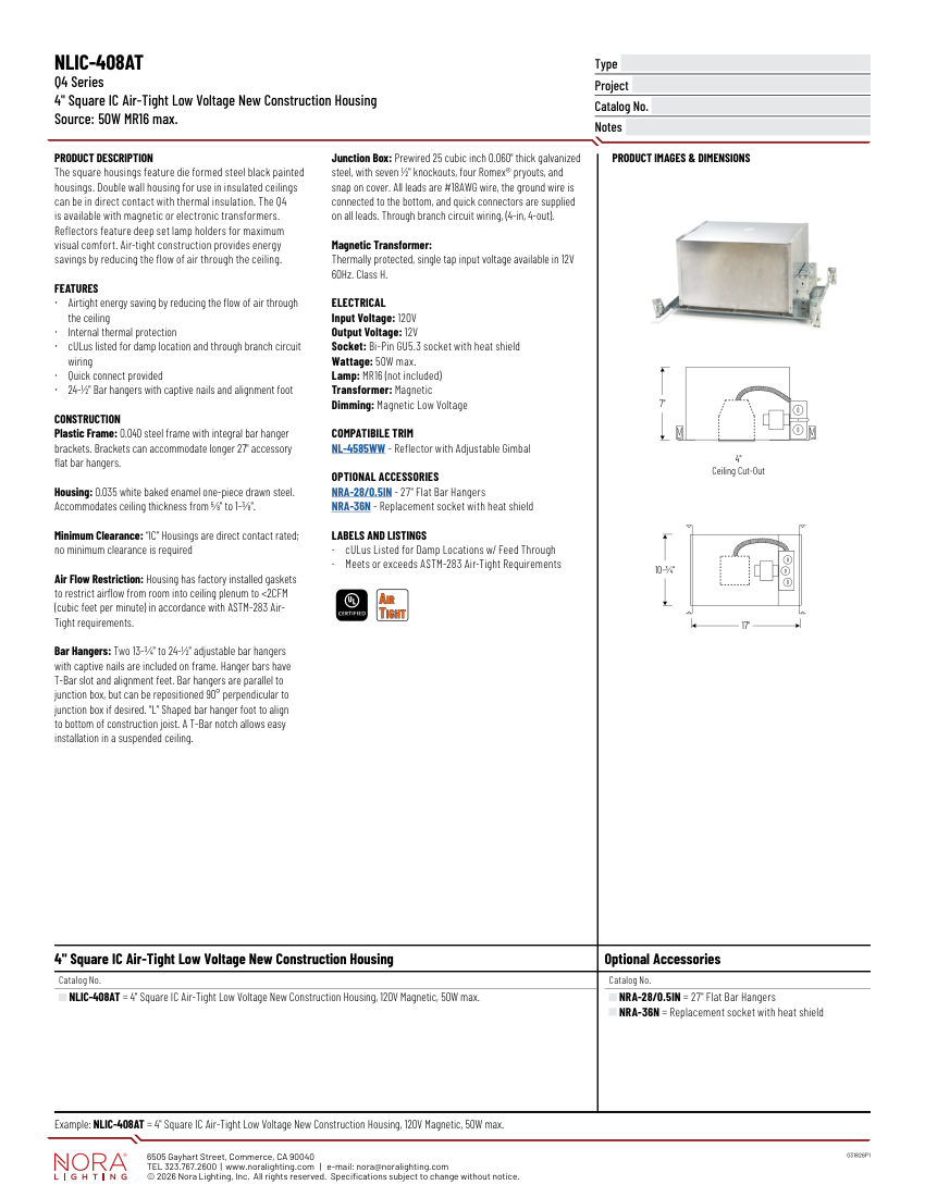 Nora Lighting NLIC-408AT cut sheet — first page