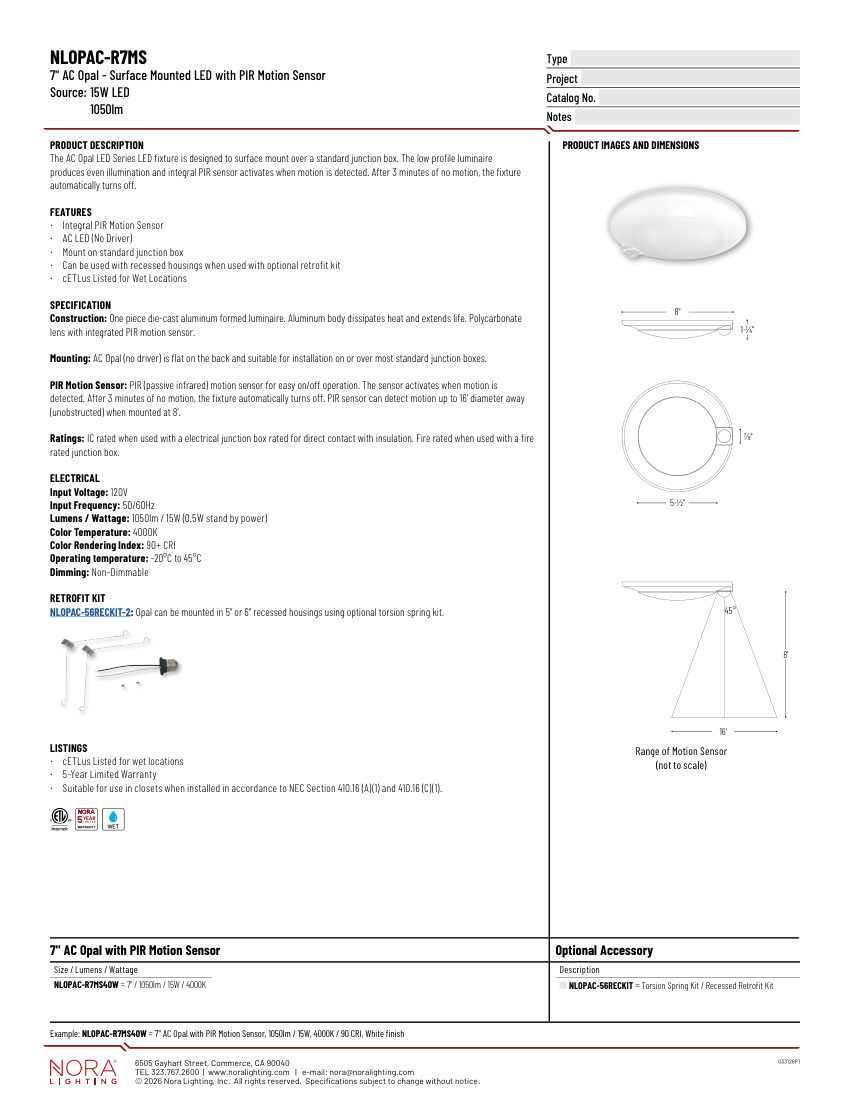 Nora Lighting NLOPAC-R7MS cut sheet — first page